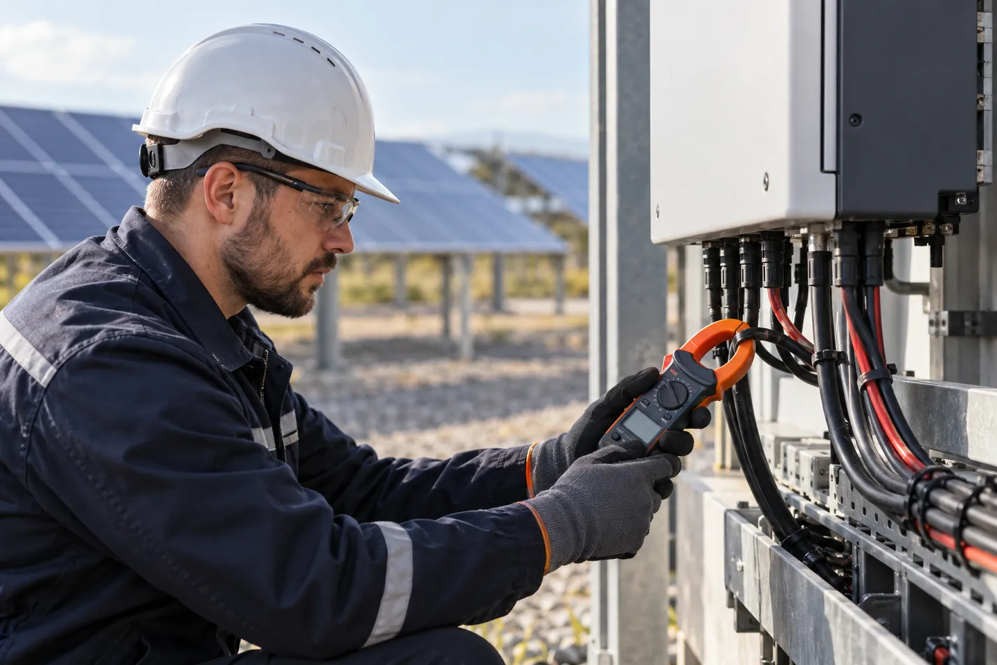 Verificarea unui sistem fotovoltaic cu un instrument de măsură — imagine ilustrativă