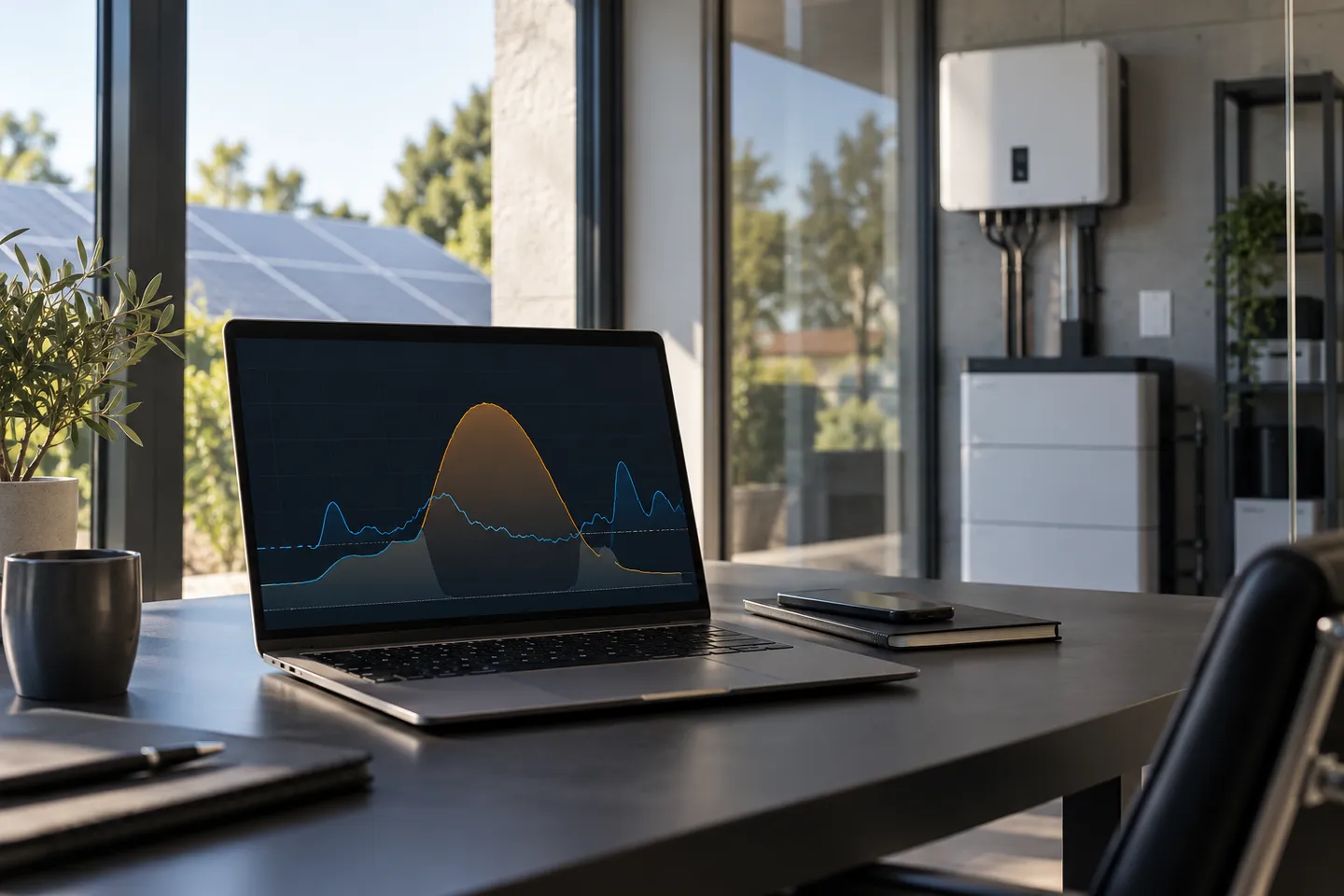 Vizualizare ilustrativă a producției și consumului de energie pe un laptop